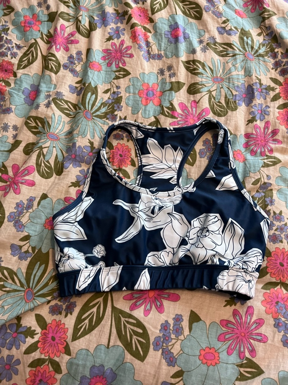 Allfenix navy Blue Floral Racerback Sports Bra womens M